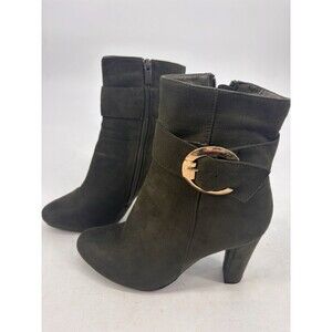 Top Moda Olive Green Suede Ankle Bootie Size 10 Heels Gold Buckle